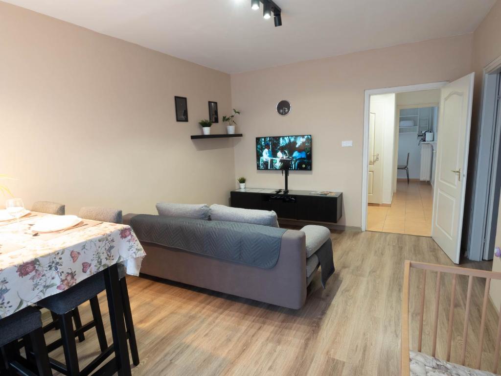 uma sala de estar com um sofá e uma mesa em Pajger Apartman Egyetemváros em Pécs