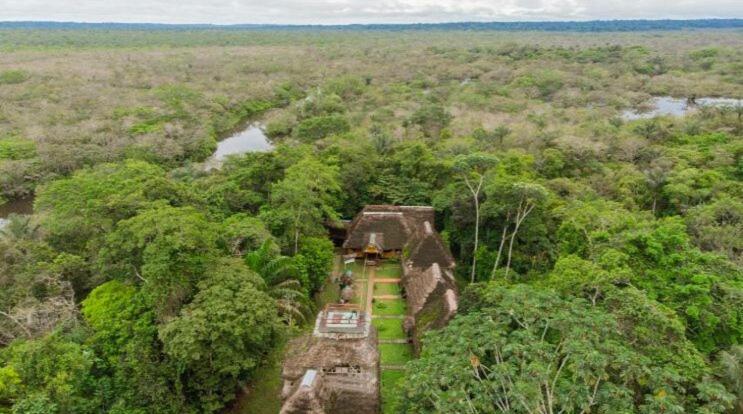 an aerial view of a jungle with trees and a train at Caiman Lodge in Cuyavenus
