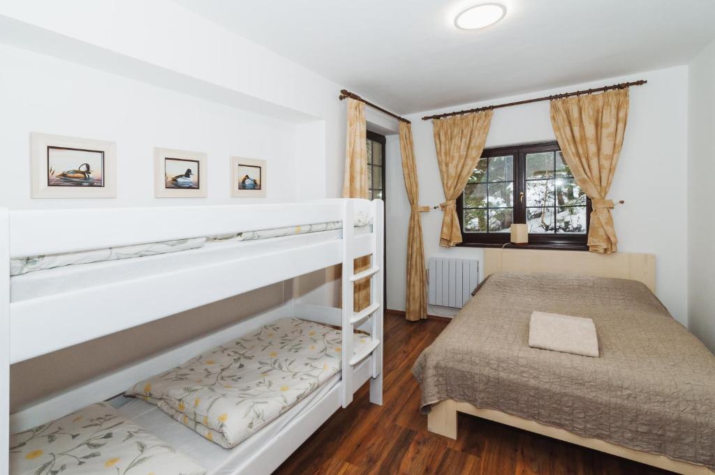 1 dormitorio con 2 literas y ventana en Vila Helena - Apartmán Helena 3 en Ružomberok