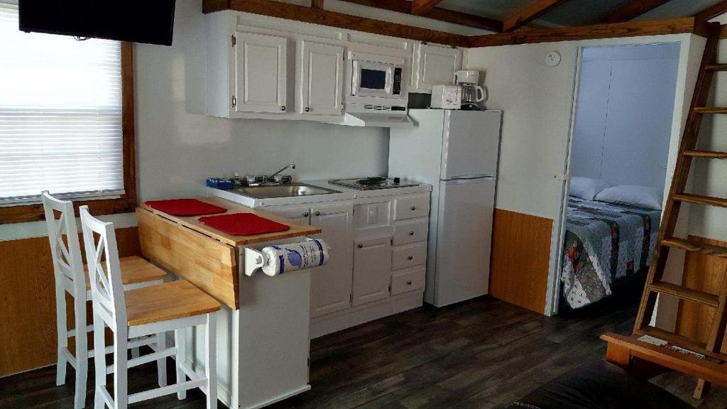 a small kitchen with a white refrigerator and a sink at Old Wooden Bridge Resort & Marina in Big Pine Key