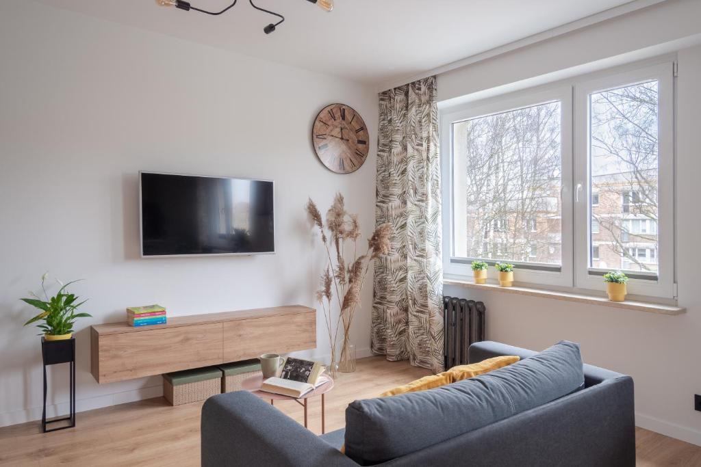 ein Wohnzimmer mit einem Sofa und einem TV in der Unterkunft MGM HOME Wawer Międzylesie Centrum Zdrowia Dziecka in Warschau