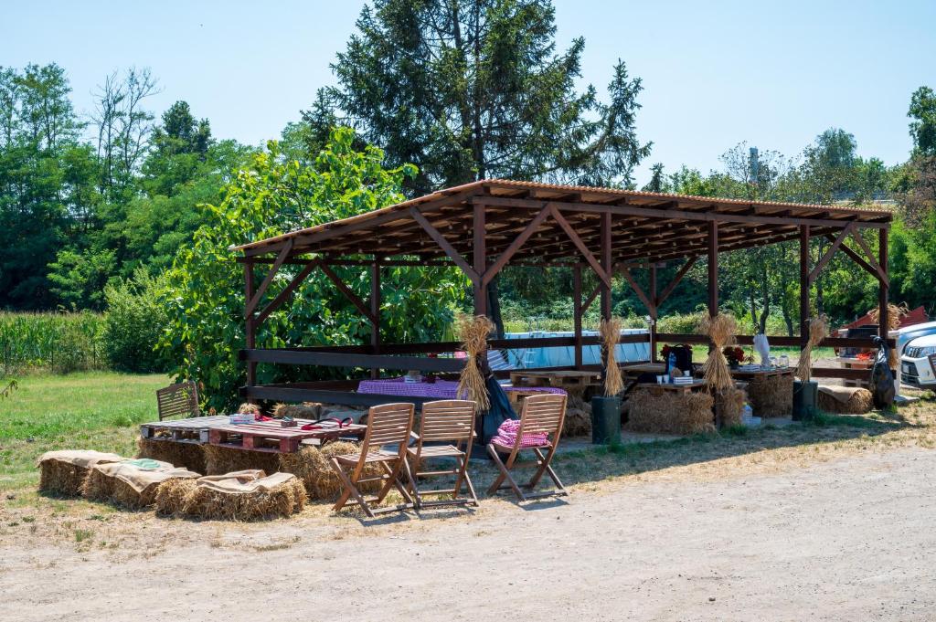 Agriturismo Why Farm في Marano Ticino: طاولة نزهة وكراسي تحت جناح خشبي
