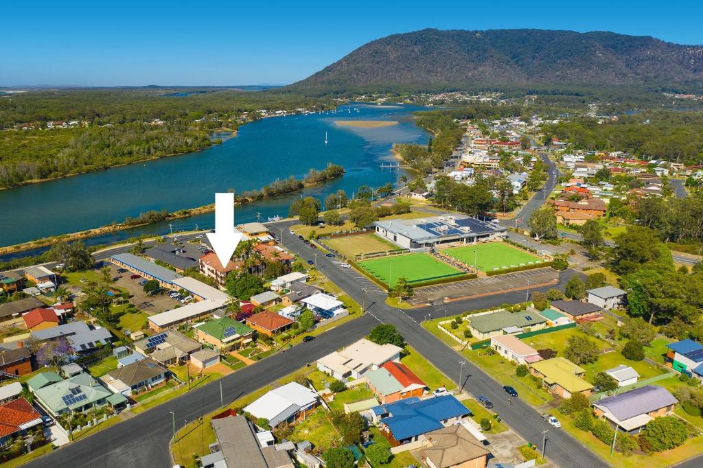 an aerial view of a town next to a river at Relax at Riverview in North Haven