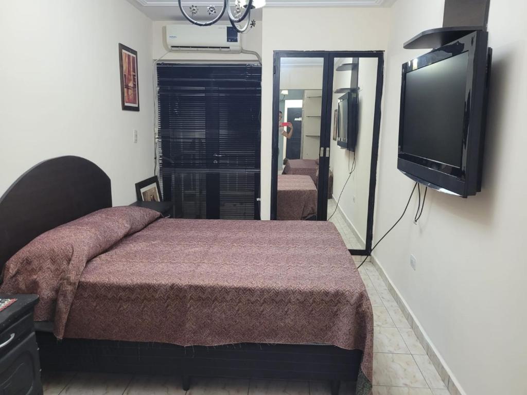 1 dormitorio con 1 cama y TV de pantalla plana en Departamento Calle Corrientes en San Miguel de Tucumán