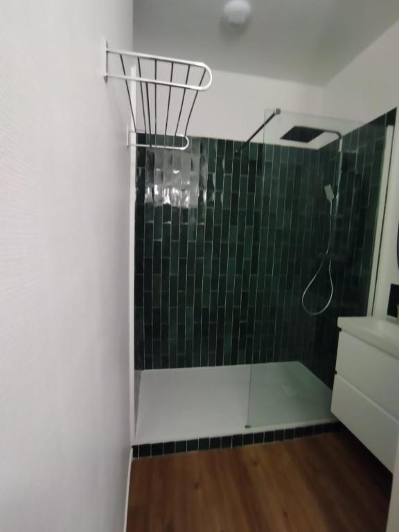 a bathroom with a shower with green tiles at Smart Inn Melun Centre- Appartement 2 chambres in Melun