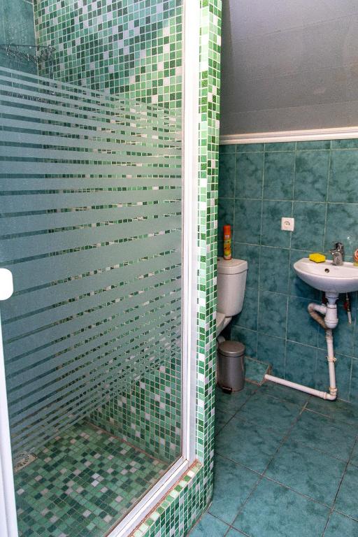 a green tiled bathroom with a shower and a sink at Готель «На Кронштадській» in Avtozavodskiy Rayon