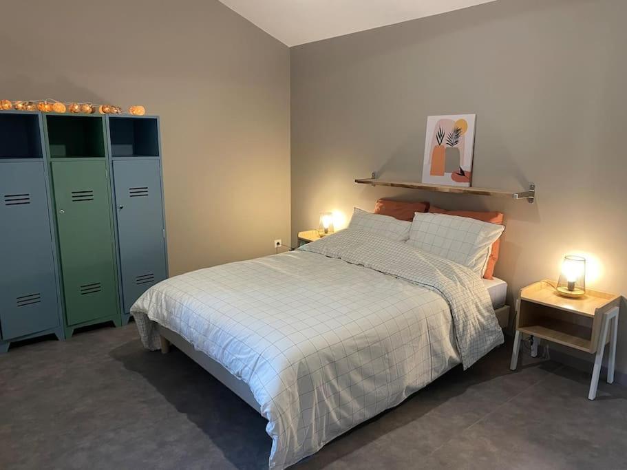 Schlafzimmer mit einem Bett, grünen Schränken und Lampen in der Unterkunft Appartement proximité centre in Mulhouse