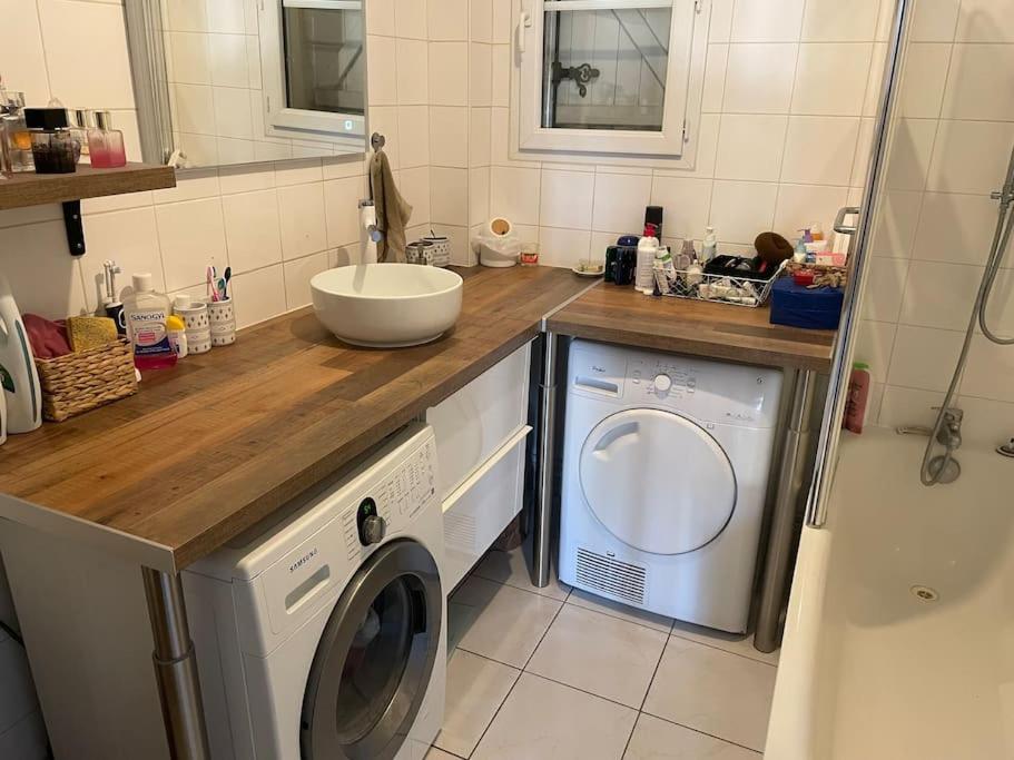 a bathroom with a sink and a washing machine at centre Pierrefonds superbe appartement + parking in Pierrefonds