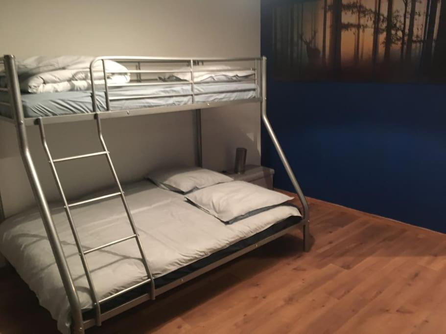 a couple of bunk beds in a room at centre Pierrefonds superbe appartement + parking in Pierrefonds