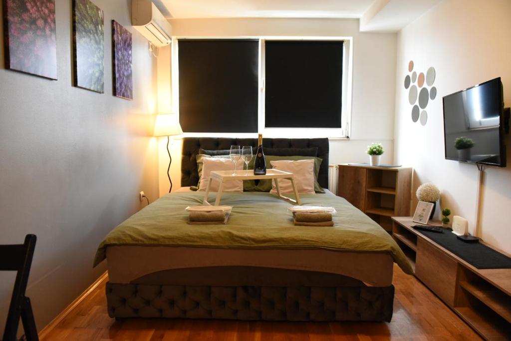 1 dormitorio con 1 cama con mesa y TV en Siena en Novi Sad