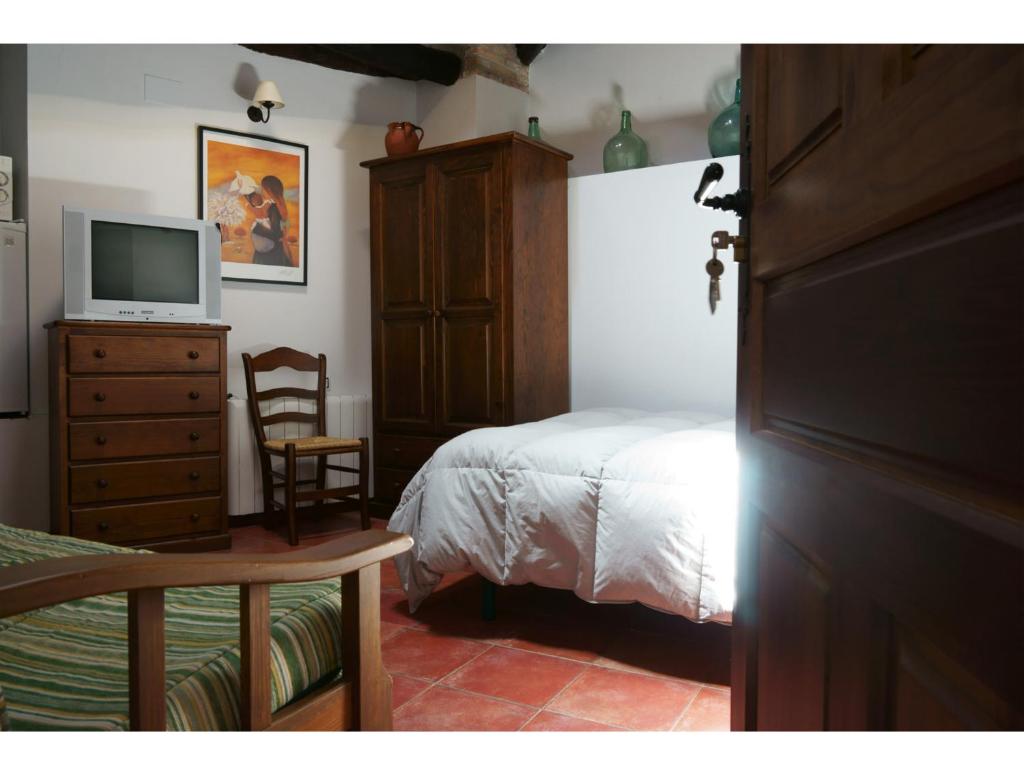 エルバスにあるApartamentos Rurales Víctor Chamorro del Arcoのベッドルーム(ベッド1台、ドレッサー内のテレビ付)