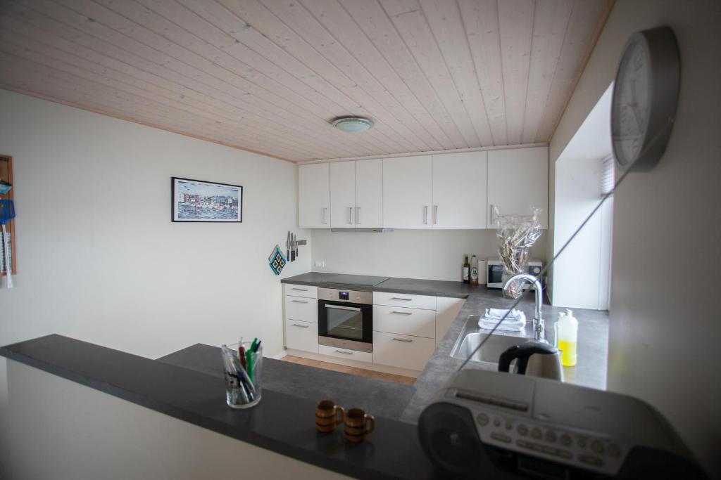 uma cozinha com um lavatório e uma bancada em Charming 2BR apartment, sea view em Tórshavn