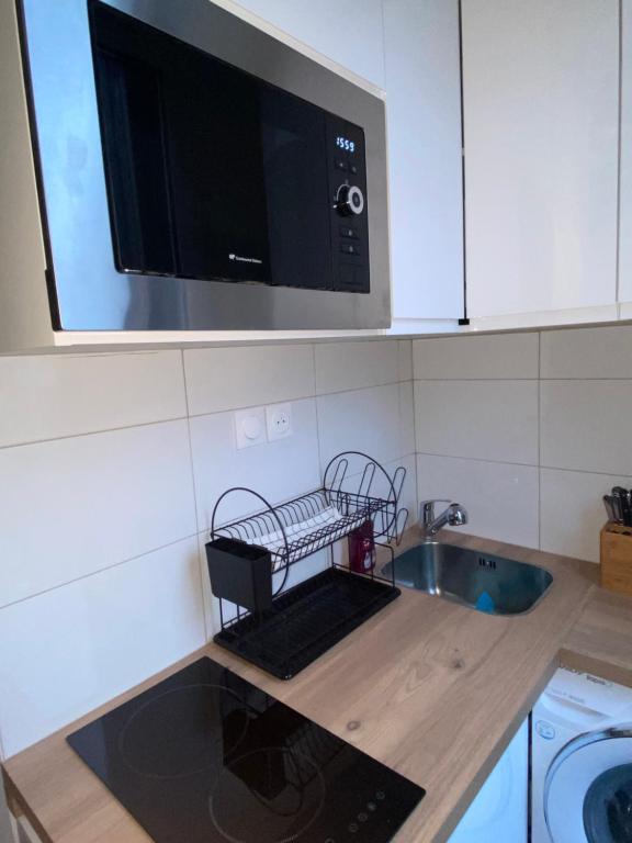 a kitchen with a sink and a microwave at LE COSY de Saint-Denis in Saint-Denis