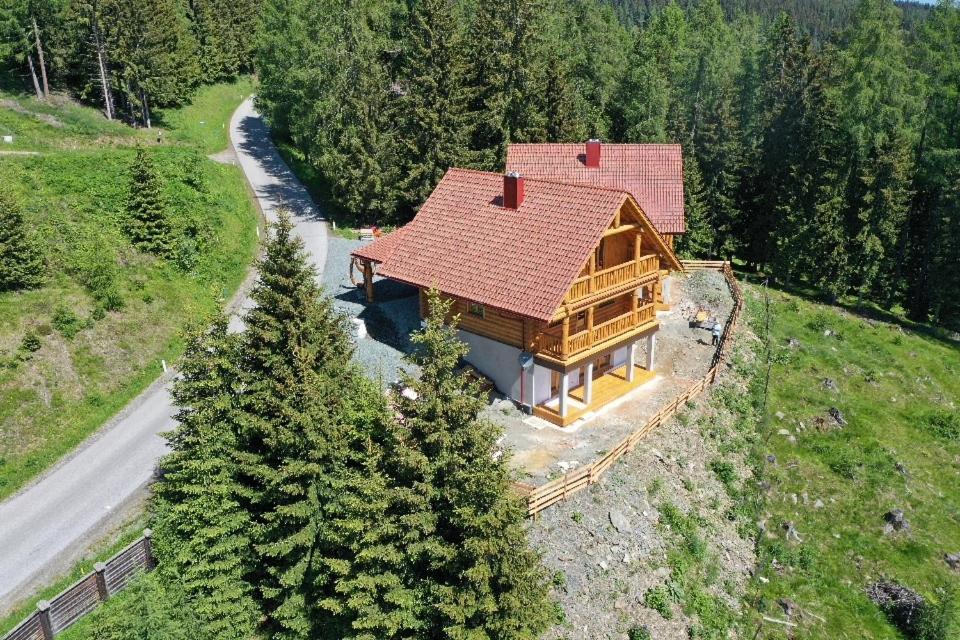 an overhead view of a house with a red roof at Reimers Chalets Hochrindl in Hochrindl