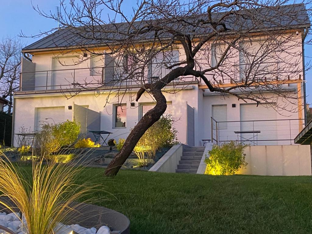 a house with a tree in the front yard at La villa perchée in Saint-Prix