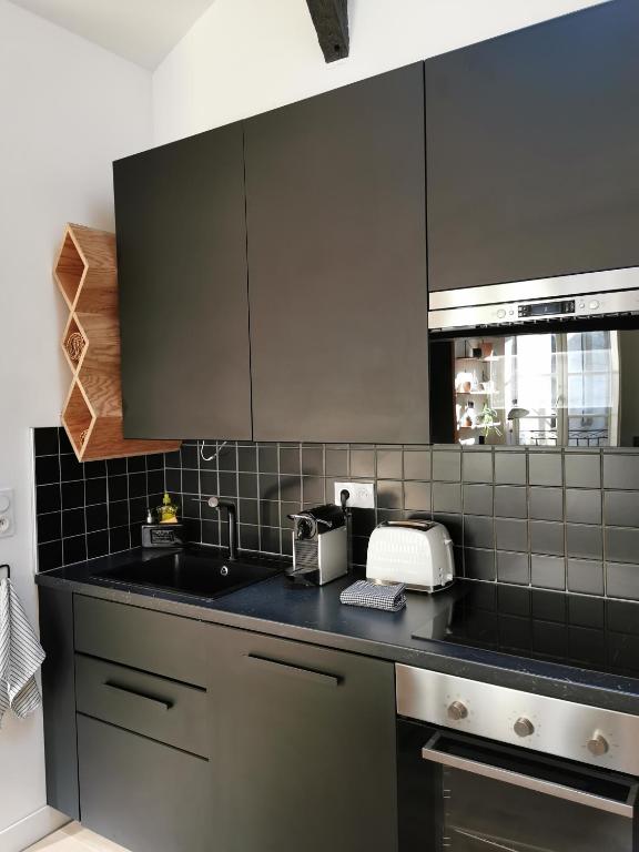 a kitchen with black and gray cabinets and a sink at Bordeaux Chéri in Bordeaux
