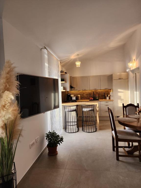 a living room and kitchen with a large television on the wall at Apartments Mary Rustic Studio in Novigrad Istria
