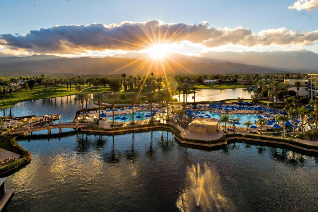 an aerial view of a resort with pools in the water at JW Marriott Desert Springs Resort & Spa in Palm Desert
