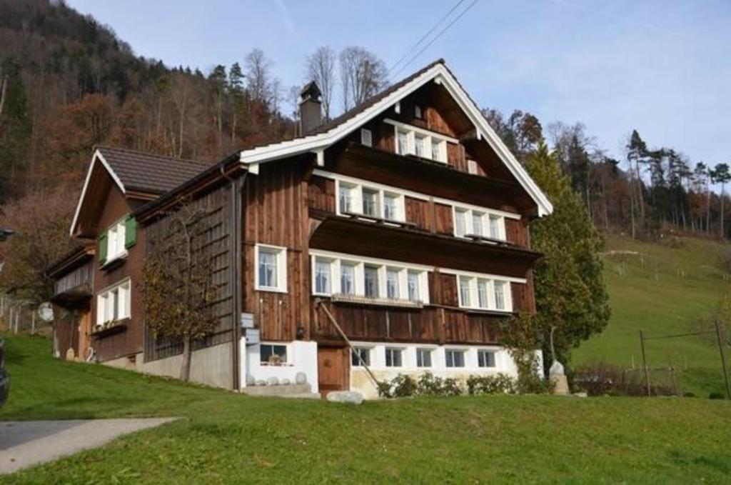 a large wooden house sitting on top of a green field at Breiten in Brunnadern