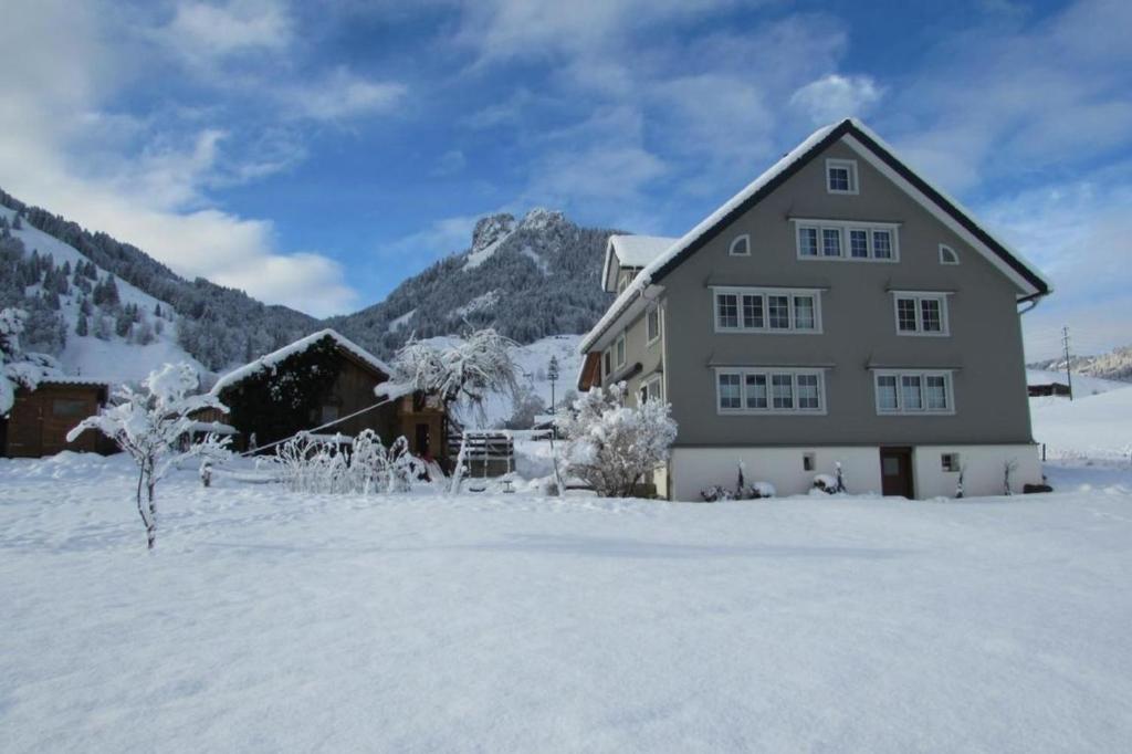 uma casa na neve com montanhas ao fundo em Wis Stein em Stein