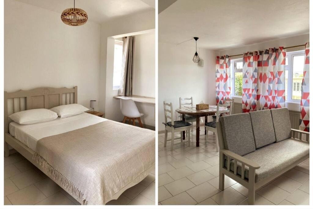 two pictures of a bedroom with a bed and a dining room at La Péninsule - Town Apartment No. 3 in Curepipe