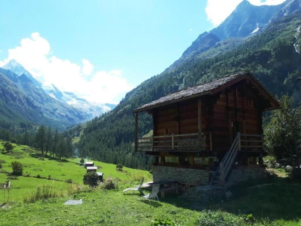 una cabaña de madera en un campo con montañas al fondo en Raccard de Seppec, en La Forclaz