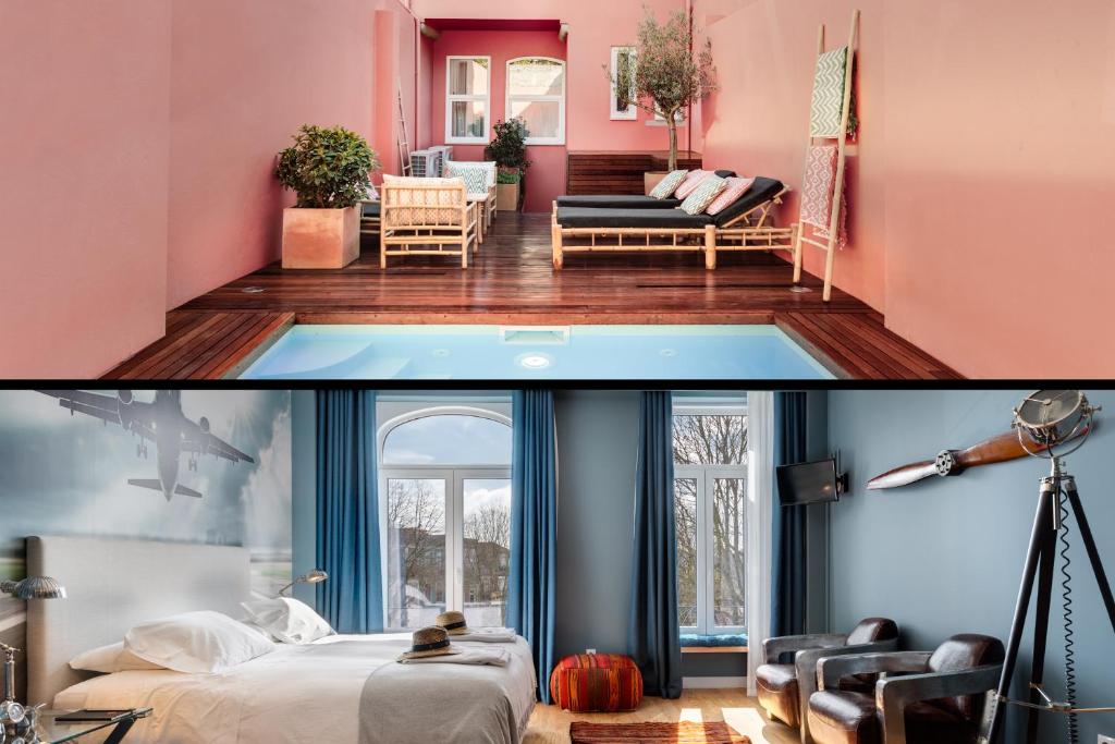 ein Schlafzimmer und ein Wohnzimmer mit rosa Wänden in der Unterkunft Casa da Praça in Porto