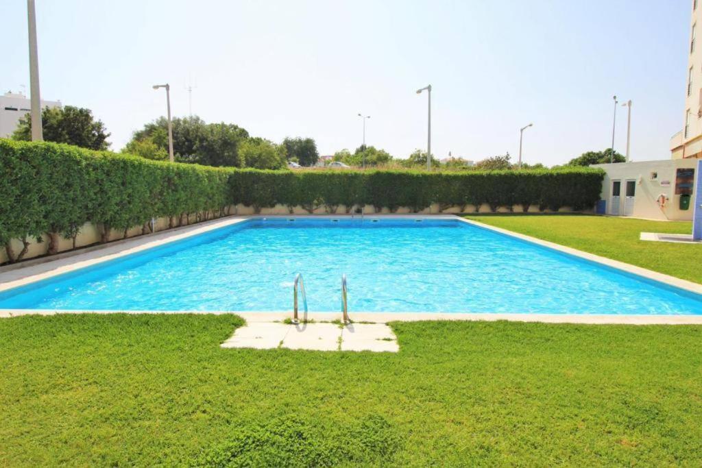 a swimming pool in a yard with grass and bushes at Mar Salgado Apartment in Armação de Pêra