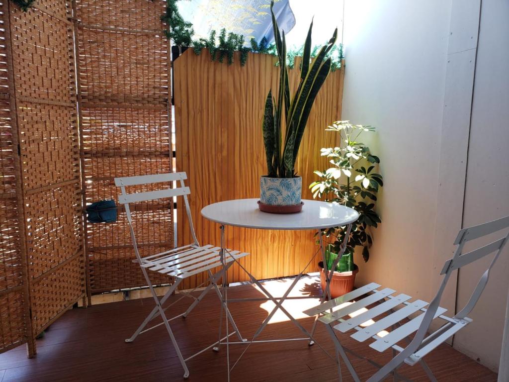 a table with two chairs and a potted plant on it at Un lugar encantador con una pequeña terraza in Iquique