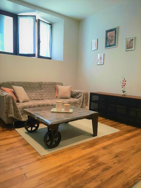 un salon avec un canapé et une table basse dans l'établissement Proche gare, cosy, courte et moyenne durée, à Bellegarde-sur-Valserine