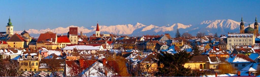 una città con tetti ricoperti di neve e montagne sullo sfondo di Leaf House a Sibiu