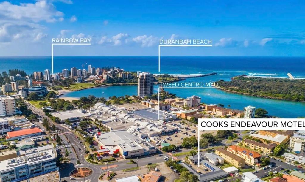 an aerial view of the city of cozumel and the ocean at Cooks Endeavour Motor Inn in Tweed Heads