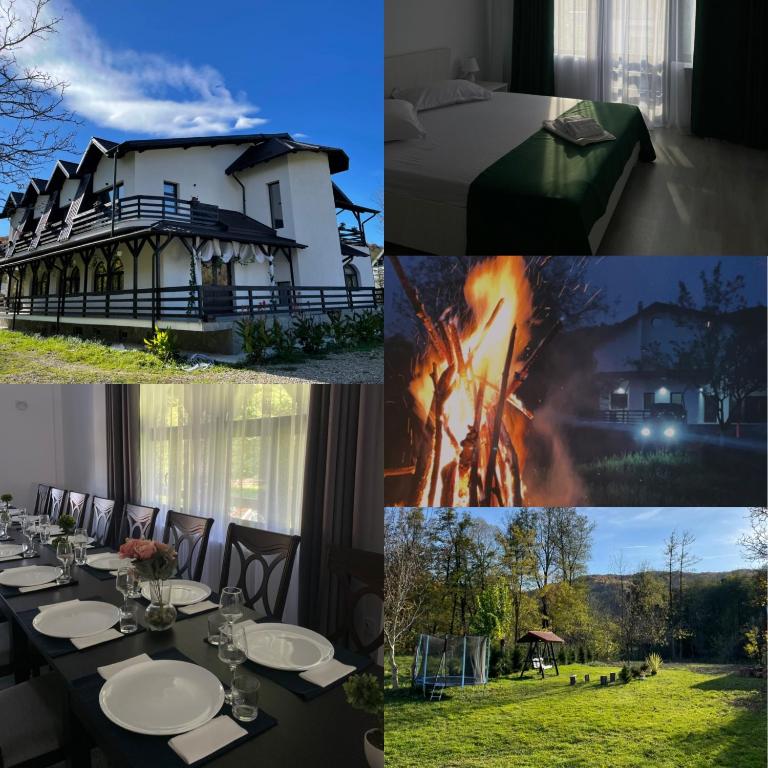 a collage of photos with a house and a fire at Din Natura in Vărbilău