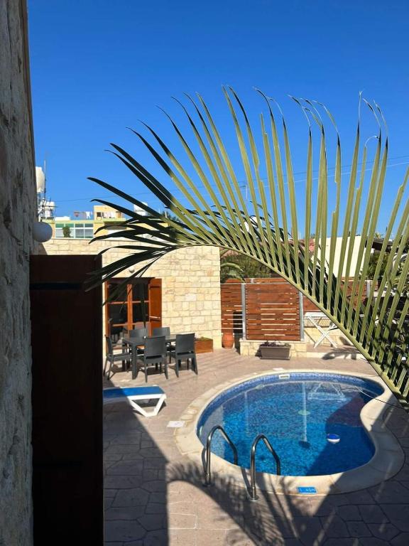 a palm tree casts a shadow next to a swimming pool at Fontana Traditional House in Anarita