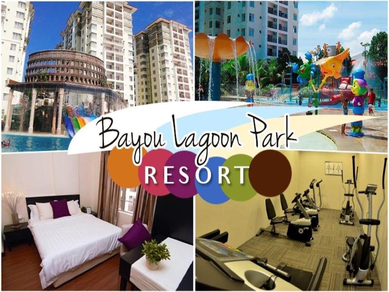 eine Collage mit Fotos eines Hotelzimmers mit einem Resort in der Unterkunft Deluxe Studio Bayou Waterpark with Private Jacuzzi and Free Tickets in Ayer Keroh