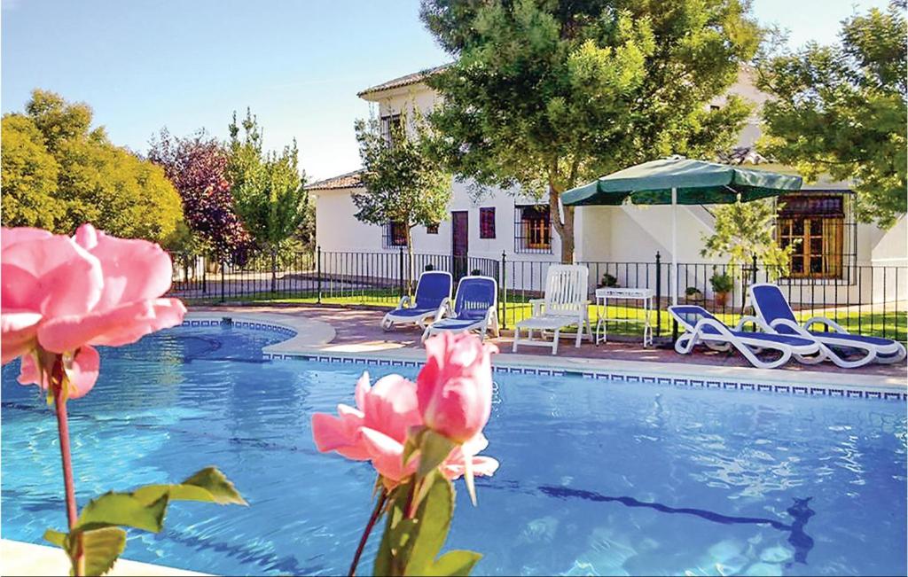 a swimming pool with chairs and a umbrella and pink flowers at 5 Bedroom Nice Home In Zagrilla in Zagrilla