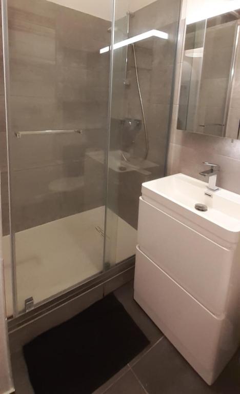 łazienka z prysznicem, toaletą i umywalką w obiekcie Superbe Studio accès direct à la plage de Renecros Tout à pied linge de lit, serviettes de bain et ménage de fin de séjour inclus w mieście Bandol