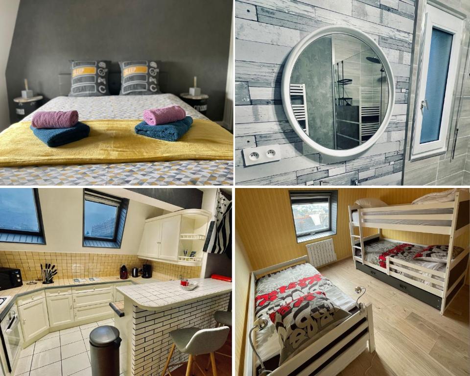 a collage of pictures of a bedroom and a bathroom at Bel appartement au coeur du quartier des artistes in Camaret-sur-Mer