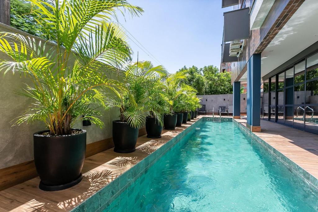 uma piscina com uma fileira de palmeiras junto a um edifício em Duplex com churrasqueira a 200m da praia #JA21 em Florianópolis