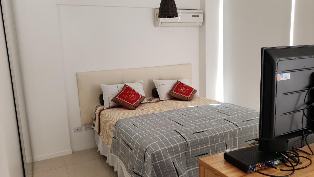 1 dormitorio con 1 cama con almohadas rojas y TV en Departamento completo Balcarce/San Telmo en Buenos Aires