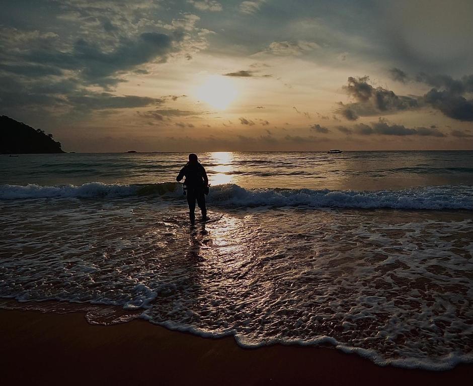 a person standing in the water on the beach at Tiongman Scubadive & Lodge in Tioman Island