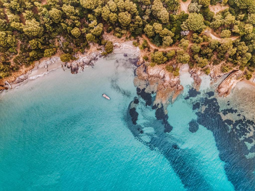 an aerial view of a beach with a boat in the water at Les Terrasses du Bailli in Rayol-Canadel-sur-Mer