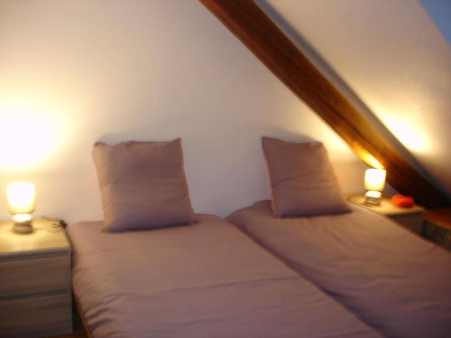 dwa łóżka w pokoju z dwoma lampami na stołach w obiekcie Appart T3 de charme sous les toits Jausiers 6 pers w mieście Jausiers