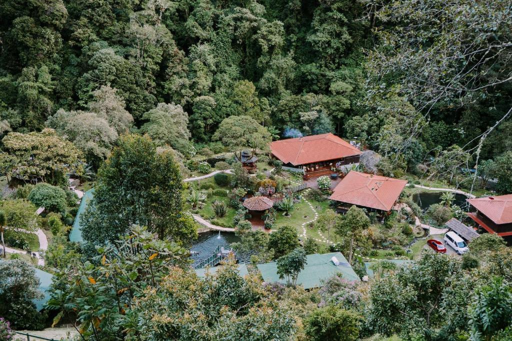 una vista aérea de una casa en un bosque en Trogon Lodge, en San Gerardo de Dota