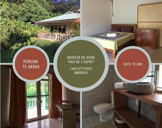 eine Collage mit vier Bildern eines Zimmers mit einem Schlafzimmer in der Unterkunft Pension Te Aroha - Te Arii in Maatea