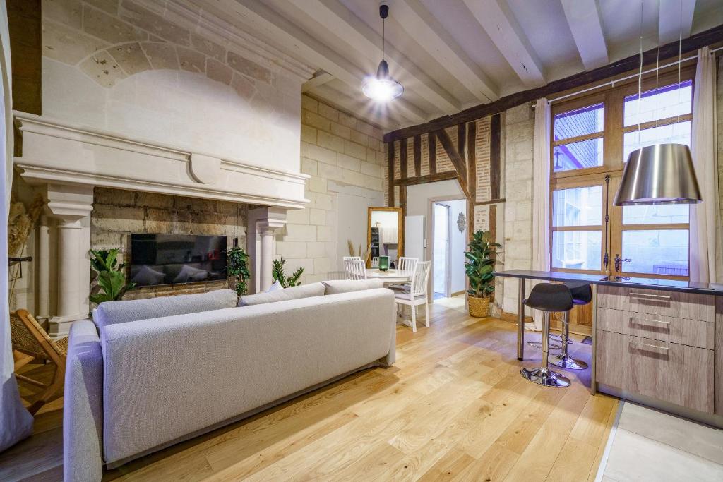 a living room with a couch and a fireplace at La cour du grand marché in Tours