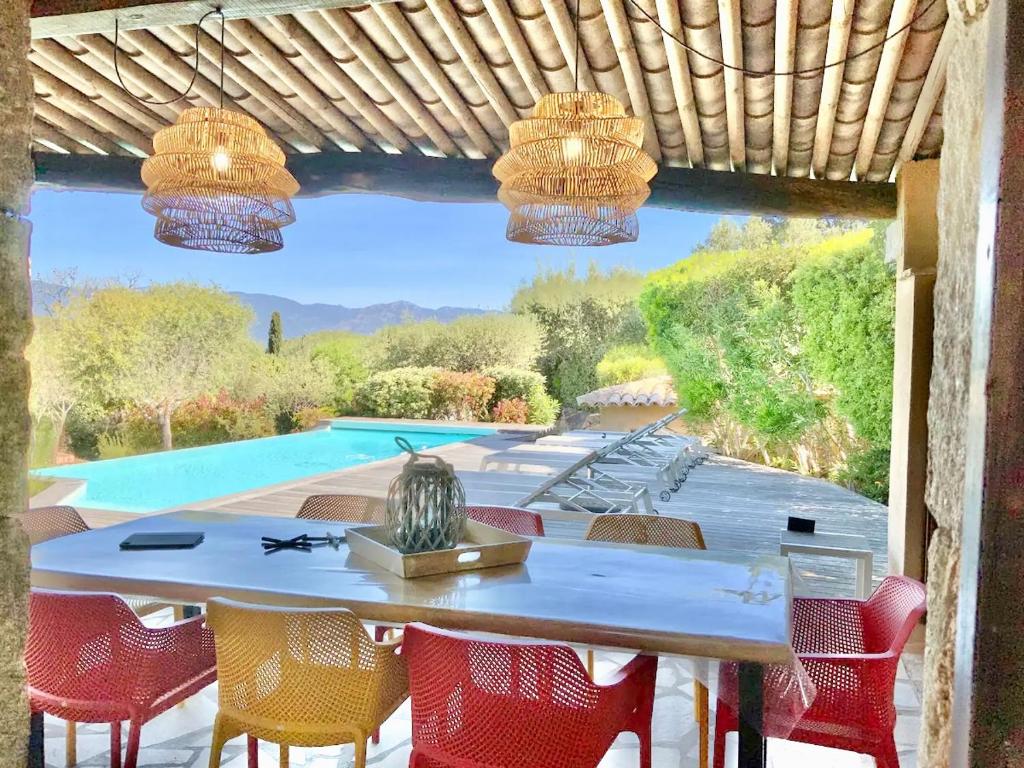 a patio with a table and chairs and a pool at Concadoro in Porto-Vecchio