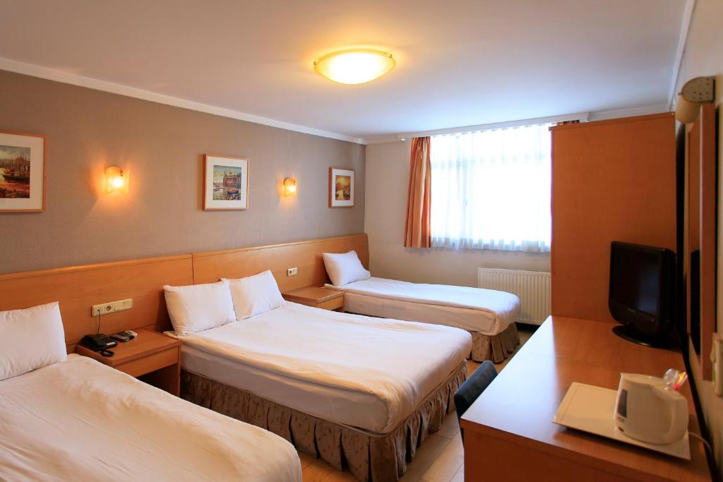 イスタンブールにあるホテル インター イスタンブールのベッド2台とテレビが備わるホテルルームです。