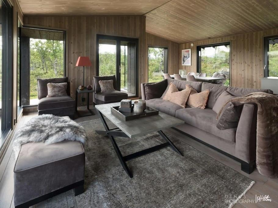 Posezení v ubytování Nydelig og Moderne hytte på Kikut Geilo - 6 senger, 4 soverom og jacuzzi
