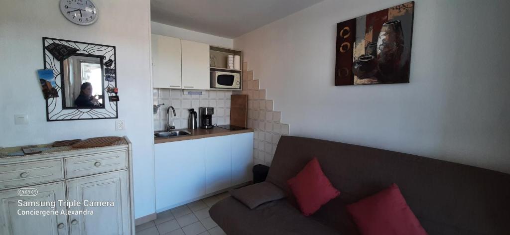 a living room with a couch and a kitchen at Les Capitelles : Appartement vue montagne en residence avec piscine -sur le front de mer in Saint-Cyprien